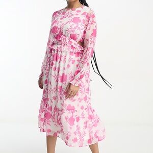 In The Style Plus chiffon side cut out tiered midi dress in pink floral